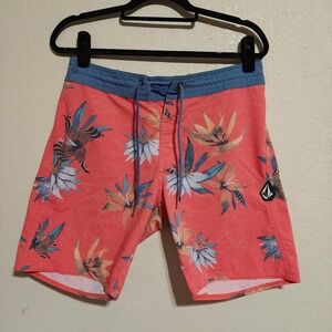 Volcom Stoneys Mens Board Shorts Size 30 Pink Blue Floral Tropical Surf Trunks